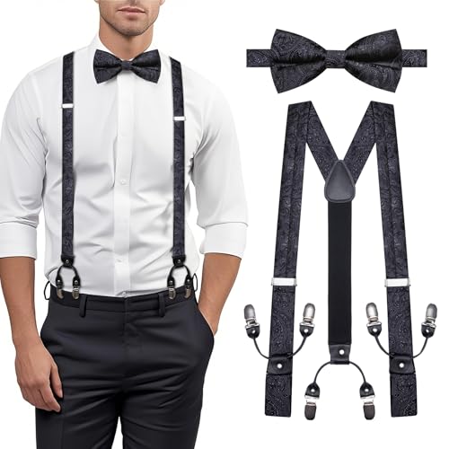 Image of YOHOWA Men Suspenders 6 Clips Strength Adjustable Y Braces Pre-Tied Bow Tie Set Formal Wedding Party