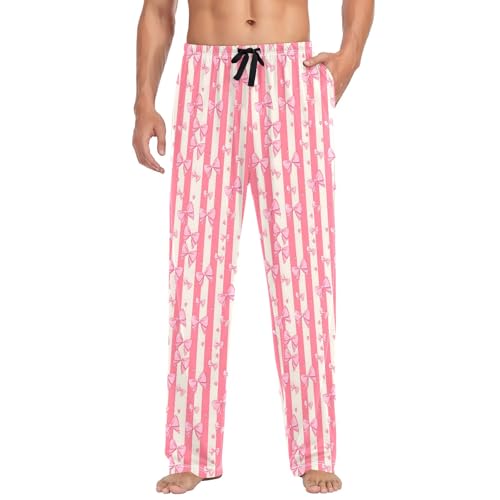 Mens Cotton Pajama Pants Sleep Lounge Pj Bottoms Sleepwear with Pockets Drawstring S Pink Striped Background Bow