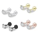 4 Pairs Cubic Zirconia Flat Back Stud Earrings, Screw Back Earrings for Women/Men, Hypoallergenic St