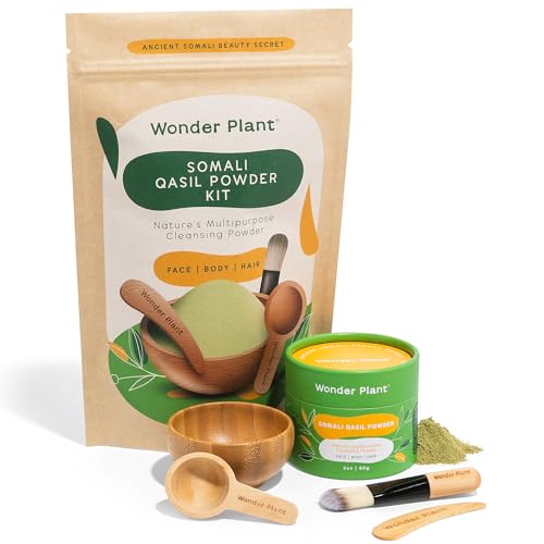 Wonder Plant Somali Qasil Powder Kit | Set for Face Body Hair | Includes 2oz (60g) Qasil Powder Mini Bamboo Bowl Brush Spoon & Scraper