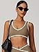 OMEWEE Women's Jogger Sports Bra V Neck Yoga Sports Bra with Removable Padded Cups, Contrasting Color Design Brown M
