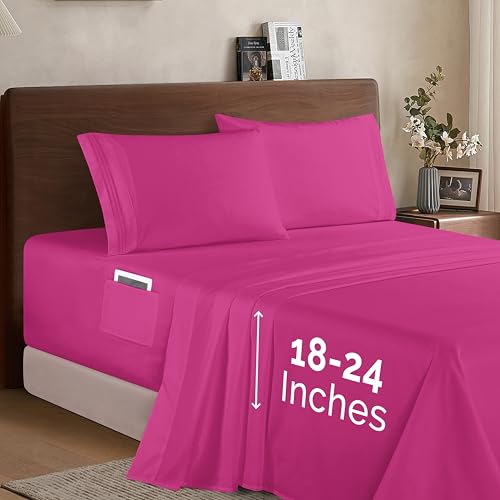 Elegant Comfort Luxury 1500 Premium Hotel Quality Microfiber 4-Piece Sheet Set - Soft, All Around Elastic 18-24 Inches Deep Fitted Sheet - Extra Deep Pocket Sheets, Queen, Hot Pink