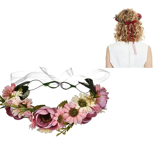 UMMEI Joyas De Flores Artificiales En La Frente, Cintas De Encaje De Color Claro, Flores De Cabeza para Mujeres, Tocado Festivo, Joyas De Pelo para Ropa Tradicional,Rosado