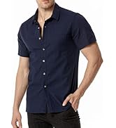 JEMITOP Men's Summer Cotton Linen Short Sleeve Slim Fit Button Down Shirts with Pockets for Vacat...