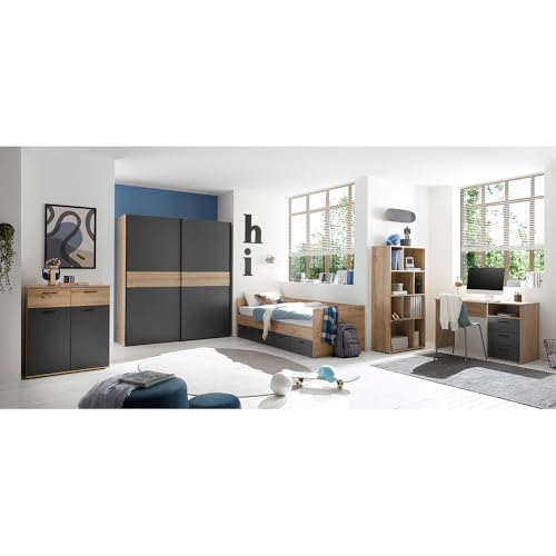 Lomadox Komplett Set Jugendzimmer 5-teilig in Eiche mit Graphit Kinderzimmer Bett Kleiderschrank Schreibtisch Kommode