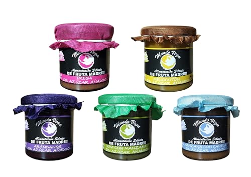 PACK 5 Mermeladas de FRUTA MADRE 165gr Mundo Vega Artesana SIN AZÚCARES AÑADIDOS (ARANDANOS, FRESA, MELOCOTÓN, MANZANA-CANELA y KIWI-MANZANA)