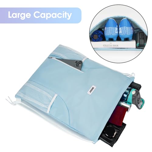 Image of WANDF Drawstring Backpack Sports Gym Sackpack with Mesh Pockets Water Resistant String Bag for Women Men(Light Blue)