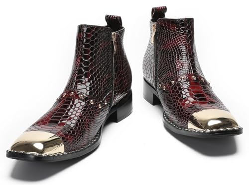 Santimon Men’s Dress Casual Ankle Chelsea Boots - Genuine Leather Snakeskin Texture Western Cowboy Boots with Metal Square Toe & Beads for Wedding, Party & Night Out3