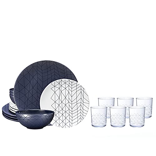 Bzyoo Bpa-Free Dishwasher Safe 100% Melamine Plate & Bowl Set For Casual Dining Indoor And Outdoor Dining Party (12 Pcs Dinnerware Set, 6Pc Tumbler Bundle Set, Spidy French Navy) #TOP21