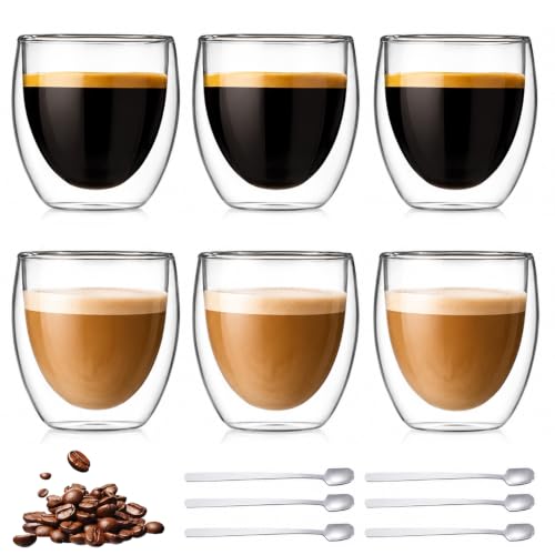 WDKXCN Tasse Expresso Double Paroi, Lot de 6 Verres à Latte Macchiato avec 6 Cuillères, 80ml Tasse a Cafe Double Paroi, Tasse Cappuccino, Mug Transparent pour Cappuccino, Latte, Thé & Jus