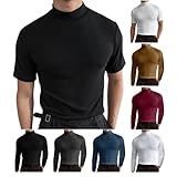 Mens T Shirt Short/Long Sleeve Basic High Collar Turtleneck Slim Fit Undershirt Fashion Solid Pullover Thermal Tops Black