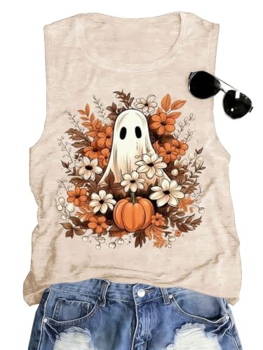 Floral Print Pumpkin Ghost Tank Tops Womens Fall Cute Graphic Halloween Sleeveless Tees Shirts Autumn Tanks T-Shirt (Apricot2, XL)