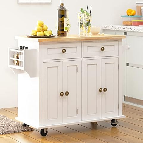 SogesPower Kitchen Cart with Drop-Leaf Rubber Wood Tabletop, Rolling Kitchen Island Cart with Storage on Lockable Wheels, Towel Rack, Spice Rack & Drawer for Living Dinning,White Cover