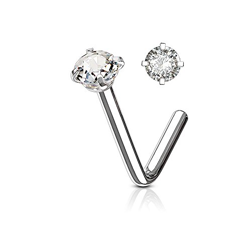 Amelia Fashion Nose Stud Ring L Bend ROUND CZ, 316L Surgical Steel (CHOOSE SIZE) (18 Gauge)