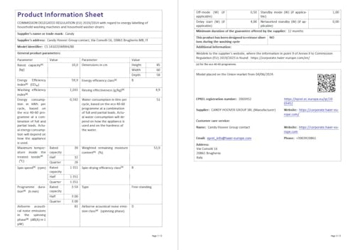 Candy Smart CS 14102DWBB4/80 10kg Washing Machine, B Rated, Black