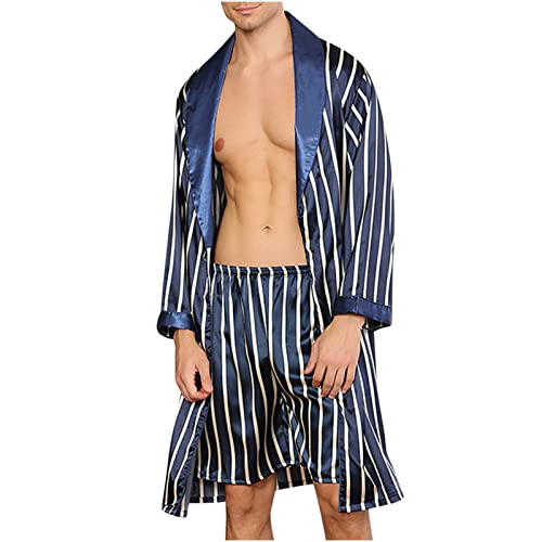 Cambkatl Men's Silk Bathrobes Long Sleeve Satin Kimono Robe with Shorts Sleepwear Casual Stripes Pajamas Set with Pocket3