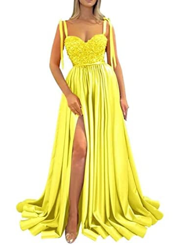 Robe de bal longue en satin jaune SAYNO taille 42 à bretelles
