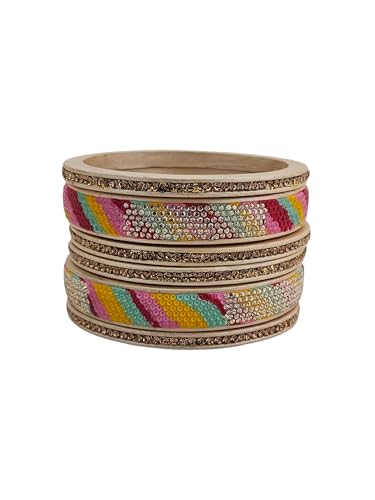 NY LIFESTYLES Traditional Lac Bangles for Women, Crystal Embellished, Handmade Jaipuri Lac/Lakh, Rajasthani Chuda, Festival and Weddig Use Kada, Set of 6 (Multi, 2.10)