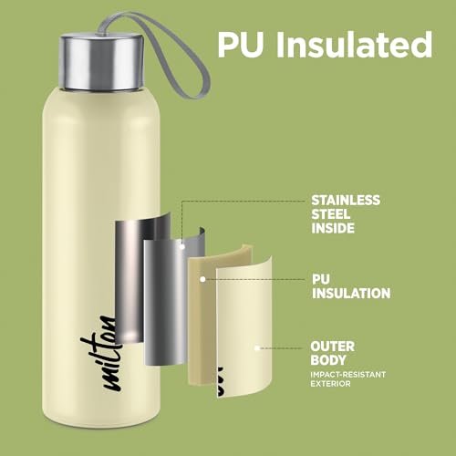 Image of Milton Halo 600 Steel Thermoware, Inner Steel, PU Insulated, Leak Proof Water Bottle for School Kids, Office, Gym, Easy to Carry Strap, 500 ml, Beige
