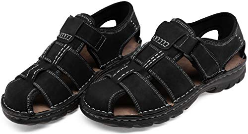 Jousen Men's Sandals Leather Closed Toe Fishermen Sandal Outdoor Water Sport Beach Sandal (AMY663 Black 9)