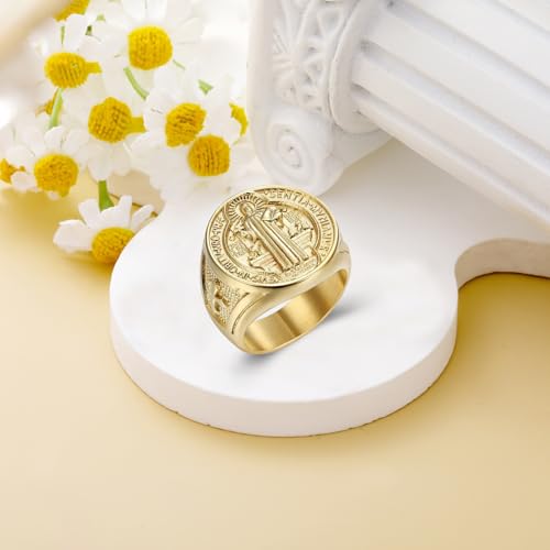 MRENITE Personalized 10K 14K 18K Gold Christian Rings for Men Round Pinky Signet Ring Custom Size Engraved Name Religious Exorcism Ring Gift for Father Son2