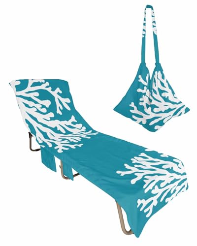 Aqua Coral Beach Chair Towel Covers for Chaise Lounge With Side Pocket, Soft Plush Pool Towels Cover for Patio Sunbathing Outdoor 29''x85'' Summer Ocean Turquoise Coastal Beach Teal