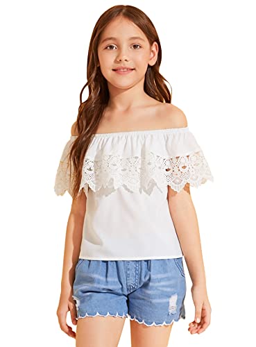 Milumia Girl's Off Shoulder Contrast Lace Ruffle Trim Short Sleeve Solid Blouse