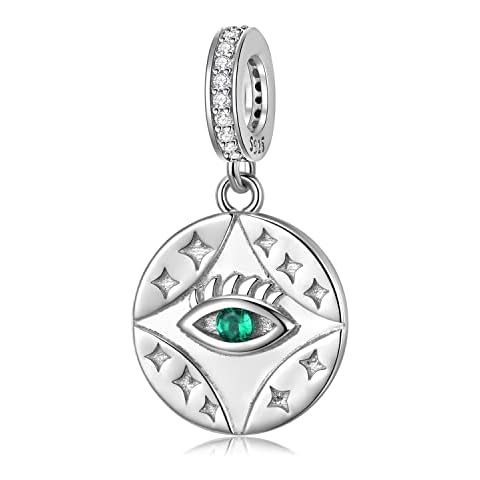 Magic Charms Evil Eye Hamsa Charm 925 Sterling Silver Plated Evil Eye Beads Hand of Fatima Pendant Charm Amulet for Bracelet Necklace for Women Girls Birthday Valentine's Day Gifts, Cubic Zirconia Cover