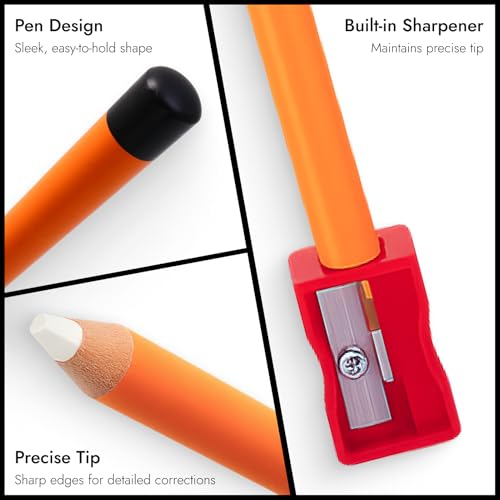 Radiergummi Stift 3er Set – Präzises und sauberes Radieren mit Radiergummi für Kinder, Schule und Künstler, innovatives Stift-Design, inklusive Spitzer, Orange, 18 cm Länge, 9,6 mm Durchmesser