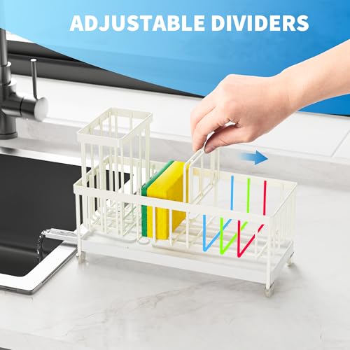 Image of Cisily Sponge Holder for Kitchen Sink, Sink Caddy Organizer with High Brush Holder, Kitchen Countertop Organizers and Storage Essentials, Rustproof 304 Stainless Steel (Cream, 9.25″)