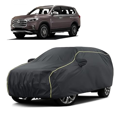 Image of Sulfar 100% Water Resistant Car Body Cover Compatible with Mirror for MG Gloster (Triple Stitched, Full Bottom Elastic, Dark Grey Taffeta with Yellow Piping)