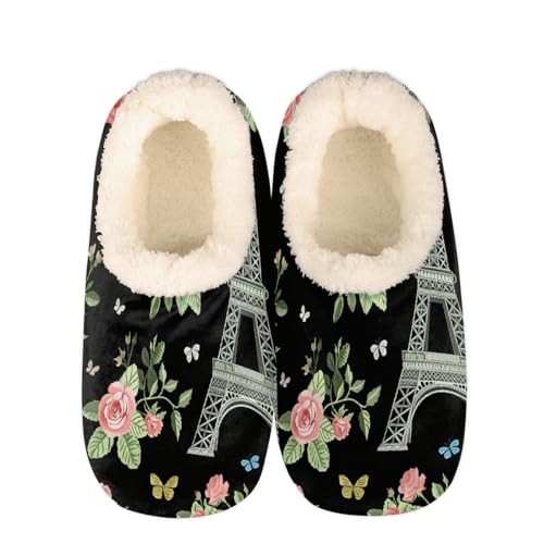 Roses Eiffel Tower Slippers for Women Slipper Socks Soft Fuzzy House Slippers Shoes for Indoor Bedroom, Winter Cozy Christmas Gifts
