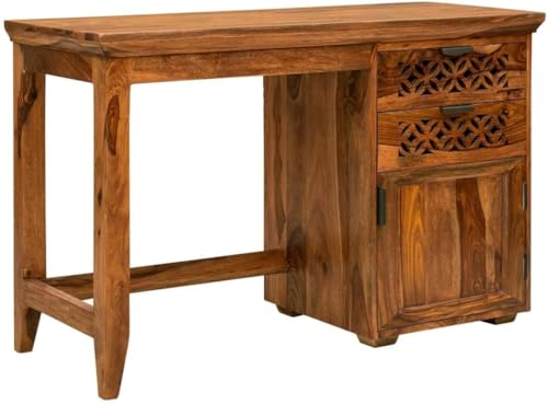 Image of Study Table with Chair | Wooden Study Desk for Students | Solid Sheesham Wood Writing Desk for Adults with Chair | Office Desk (Teak Finish)