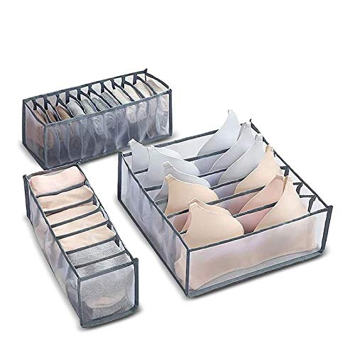 realerdo 3 Set Foldable Underwear Organizer for Underware Bra Socks, 6+7+11 Cell, Grey,Upgrade Thickness