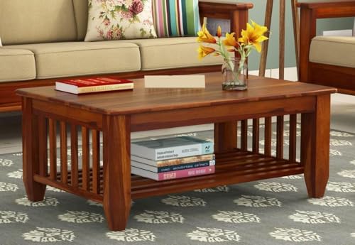 Image of Solid Sheesham Wooden Centre Table Coffee Table & Sofa Center Table Teapoy for Hallway Decor - Wooden Coffee Table for Living Room Home Furniture Decor (Honey)