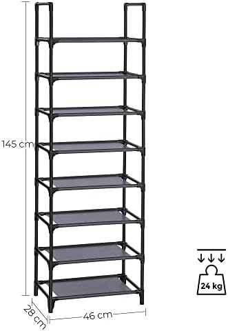 SONGMICS 8-Tier Shoe Rack, Versatile Shoe Shelf Organiser, Metal Structure, Non-Woven Fabric Shelves, 16-20 Pairs, for Living Room Bedroom Entrance, 46 x 28 x 145 cm, Grey LSR024G02