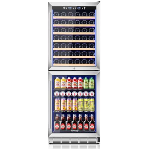 Image of ORYMUSE 24 Inch Dual Zone Wine and Beverage Refrigerator, 180 Can / 77 Bottle Capacity Built-In Freestanding Wine Fridge with Glass Door, Drink Cooler for Kitchen Home Bar, Blue LED Light