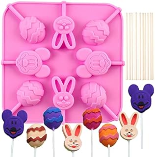 Crethink 1 Piece Silicone Chocolate Lolly Mould - 8 Cavity Egg,Rabbit Head and Mouse Shapes Lollipop Molds for DIY Chocolate,Candy,Jelly with 20PCS Sticks