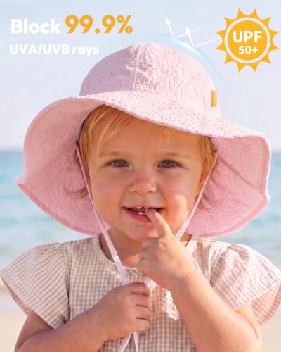 Image of HONGTEYA Baby Sun Hat Toddler Girl Beach Hat Sun Protection Adjustable Outdoor Summer Wide Brim Bucket Hat for Infant Kids