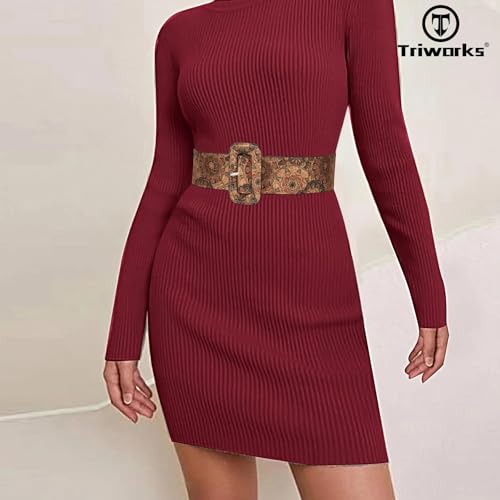 Vintage Floral Boho Print Cork Belt 70s Style For Women's Jean Dress3