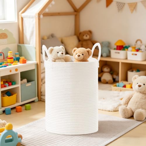 Image of 100L Extra Large Tall Cotton Rope Laundry Basket with Handle, White