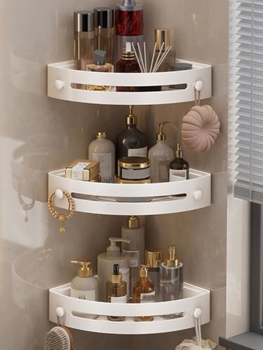 3-Pack White Triangle Shower Caddy 3-Tier Corner Storage Rack Drill-Free Wall Mount Organizer for Bathroom Space-Saving Shower Shelves