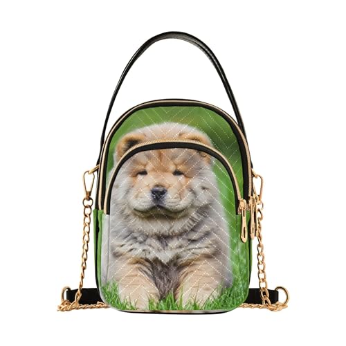 Single Shoulder Handbags Chow Puppy Dog Grass Quilted Chain Wallet Cell Phone Purse Cute Zipper Bowler Tote Ladies Satchel, 5.9