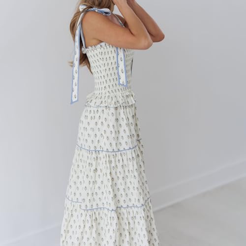 Image of Women Y2k Boho Maxi Dress Tie Shoulder Backless Strappy Tiered Flowy Dress 2024 Summer Floral Beach Sundress