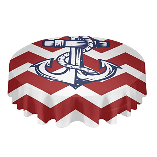 Warm Tour Ship Anchor Red White Ripple Kitchen Table Cloth Waterproof Round Tablecloths,Nautical Ocean Theme Spillproof Tablecover For Dining Room/Outdoor Parties/Bbq/Banquet #TOP1