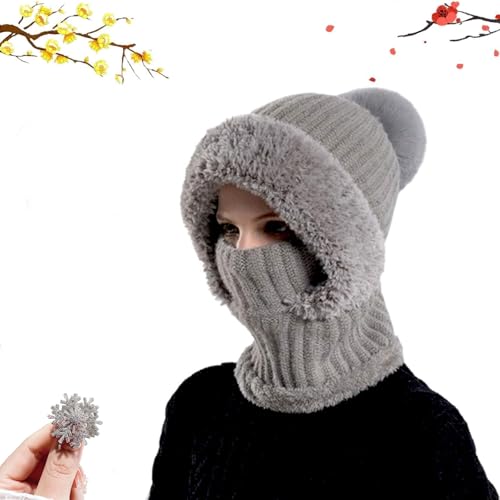 Bonnet tricoté pour femme élégant et chaud avec écharpe intégrée grise