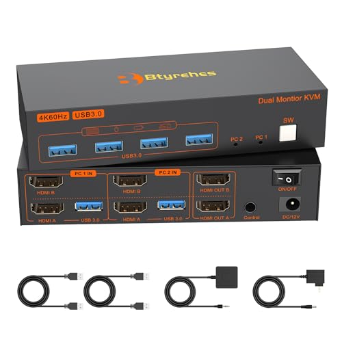 4K HDMI KVM Switch 2 Monitors 2 Computers, 4K@60Hz Dual Monitors KVM Switcher 2PC Extended Display...