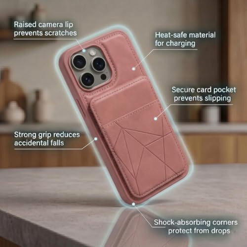 Image of amazon basics Premium Vegan Leather Back Cover with Card Holder and Integrated Mobile Stand for iPhone 15 Pro Max - Slim Shockproof Wallet Case with Geometric Stitching [Pink]
