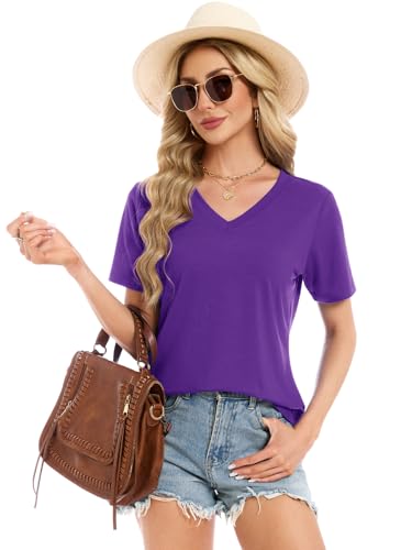 Womens Summer Tops Short Sleeve V Neck T Shirts Loose Fit Blouses Work Plus Size Tunic Vacation Boho Outfits, Dark Purple 3XL — view 3