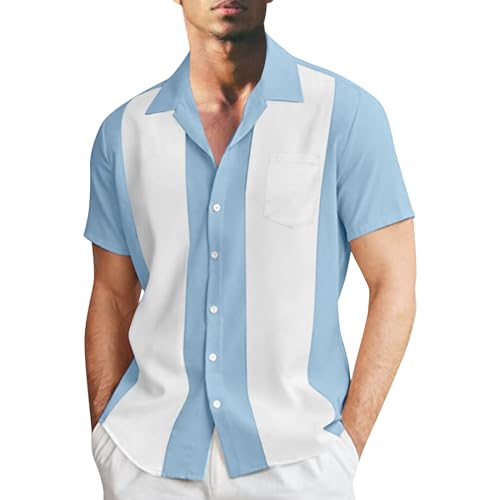 Camisa de verano para hombre clásica de manga corta, camisa de bolos a rayas, cierre de botones, camisa hawaiana, camisa de verano, camisa vintage a rayas, camisa de manga corta, azul claro, XXL